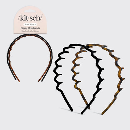 KITSCH Zig Zag Headband 2pc- Black & Tort — hero shot of 2-pack black and tortoiseshell zig zag headbands — crafted with recycled plastic, long wavy teeth for a comfortable non-slip grip — classic black and tortoise shell hues to coordinate with any outfit