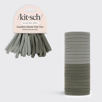 KITSCH Eucalyptus Hair Elastics 20pc Set — hero product shot — Crafted with 100% recycled nylon for a tight, all-day hold — soft and stretchy design glides through hair without tugging or snagging to help prevent breakage