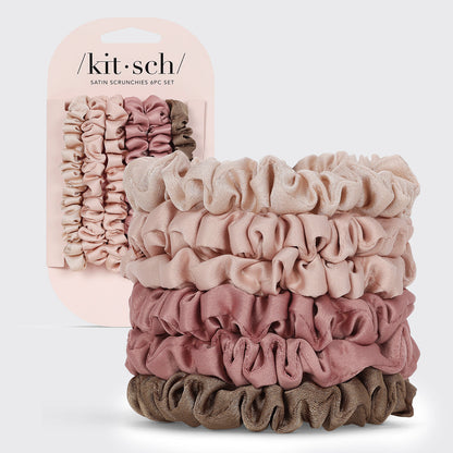 KITSCH Terracotta Ultra Petite Satin Scrunchies 6pc Set — hero product shot — 6 mini satin scrunchies in warm terracotta tones — snag-free hold with no creasing or damage