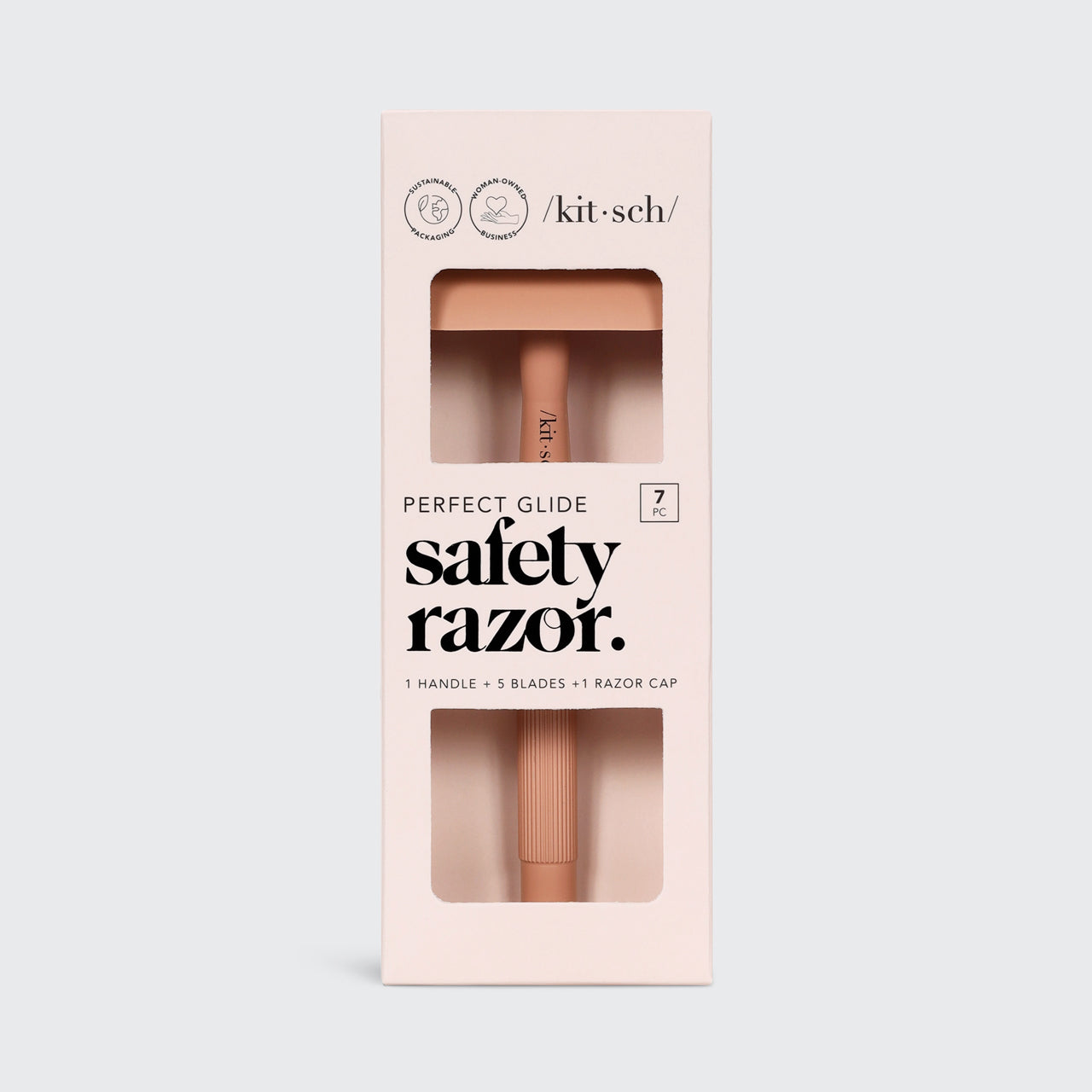 KITSCH Perfect Glide Safety Razor Silver — product and packaging shot on clean background — single stainless steel blade — reduces plastic waste vs cartridge razors