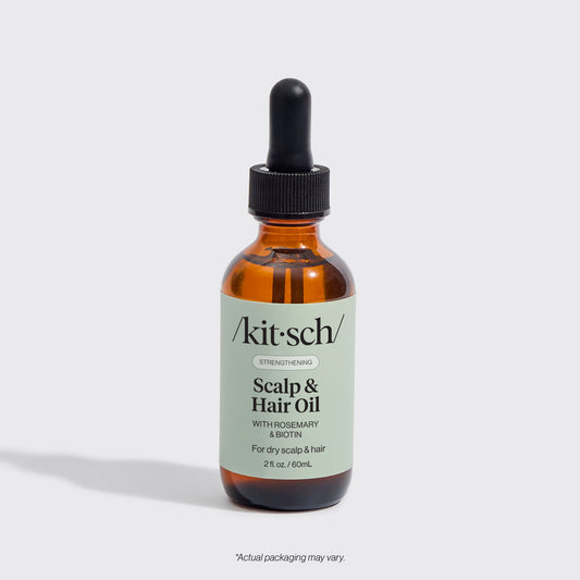KITSCH Strengthening Rosemary & Biotin Scalp & Hair Oil 2fl oz./60mL — hero product shot — 100% plant-based oil formulated with rosemary extract and biotin — supports scalp health & hair strength from root to tip