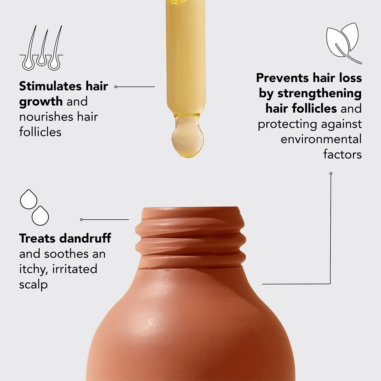 KITSCH Scalp Oil Applicator + Biotin Oil Bundle — detail shot highlighting key features — Antioxidant blend of argan, jojoba, and castor oils to nourish hair & scalp — stainless steel bristles create a gentle, cooling effect as you massage oil onto your scalp