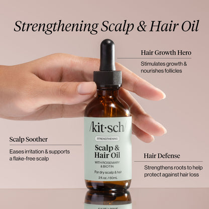 KITSCH Strengthening Rosemary & Biotin Scalp & Hair Oil 2fl oz./60mL — product infographic — Antioxidant blend of argan, jojoba, and castor oils to nourish hair & scalp — works on all hair types to loosen buildup and nourish the scalp