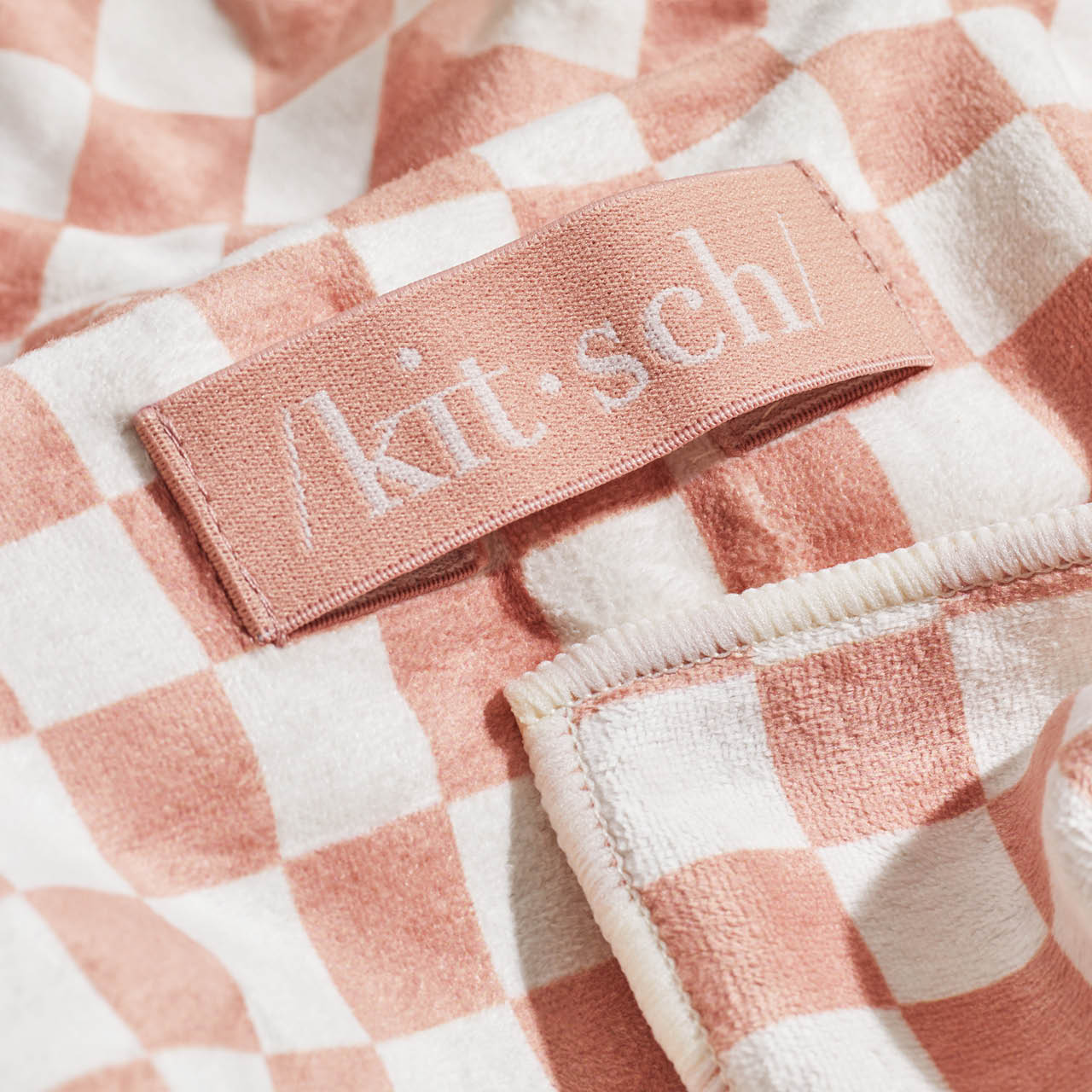KITSCH Terracotta Checker XL Quick-Dry Hair Towel Wrap — flat-lay product shot — checkered microfiber design — absorbs moisture without friction or heat to reduce breakage