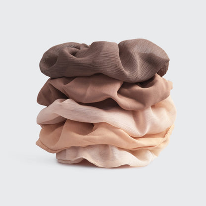 KITSCH Crepe Scrunchies in Terracotta — product flat lay of 5 terracotta crepe scrunchies — assorted warm terra cotta and rust tones
