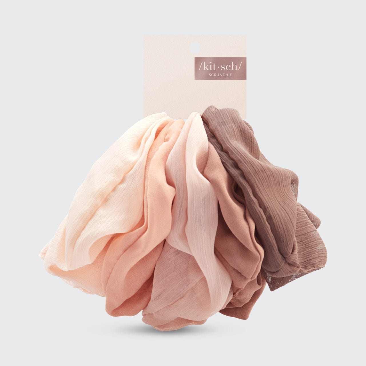 KITSCH Crepe Scrunchies in Terracotta — product packaging shot — 5-piece crepe scrunchie set in assorted terra cotta tones — gentle snag-free hold