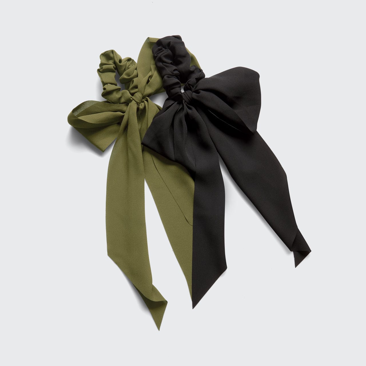KITSCH Crepe Scarf Scrunchies in Moss — close-up detail of moss green crepe scarf scrunchie — soft textured crepe fabric in earthy moss green