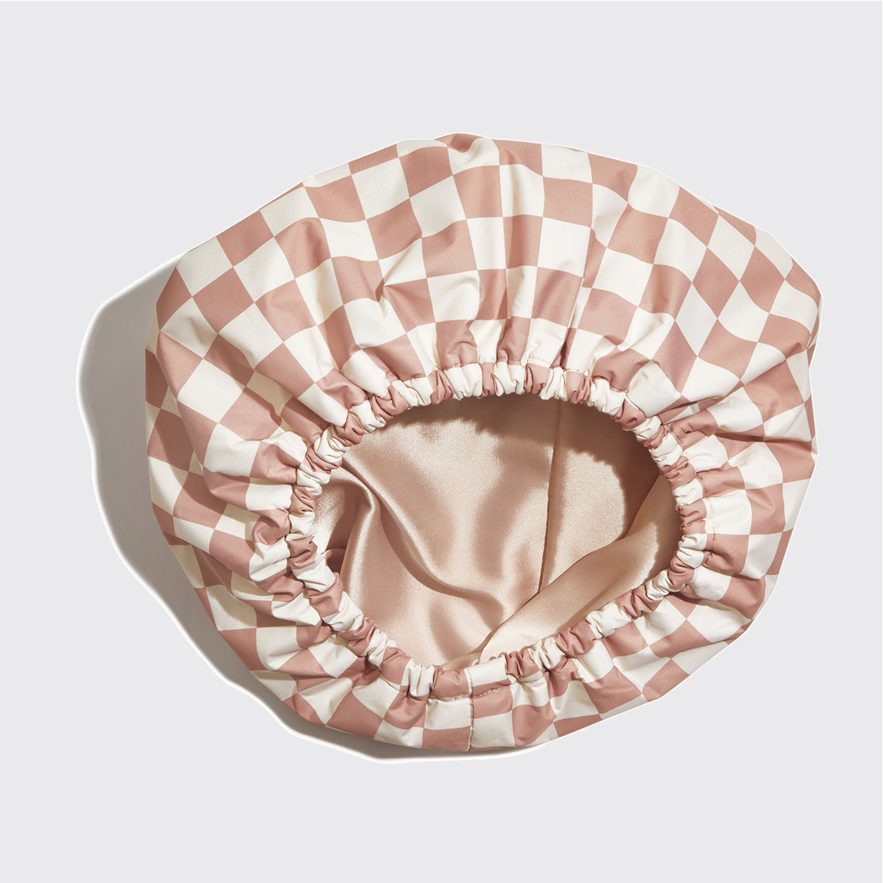 KITSCH Satin Lined Flexi Shower Cap — Terracotta Checker — product side detail