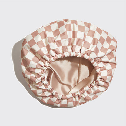 KITSCH Satin Lined Flexi Shower Cap — Terracotta Checker — product side detail