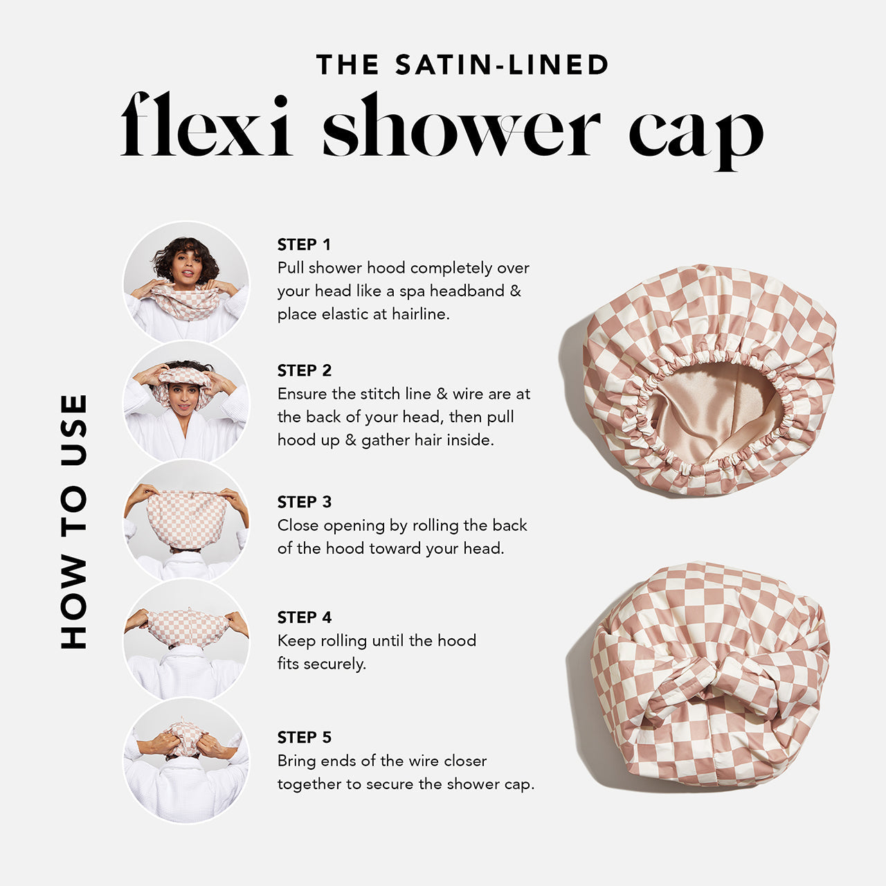 KITSCH Satin Lined Flexi Shower Cap — Terracotta Checker — how-to guide — adjustable wire closure
