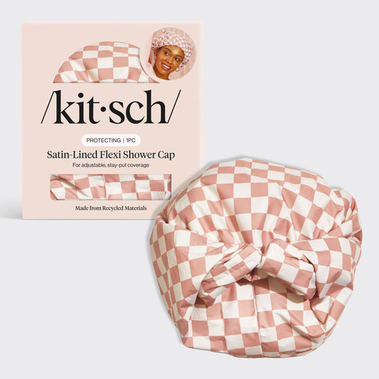 Terracotta Checker Satin-Lined Flexi Shower Cap with packaging, KITSCH