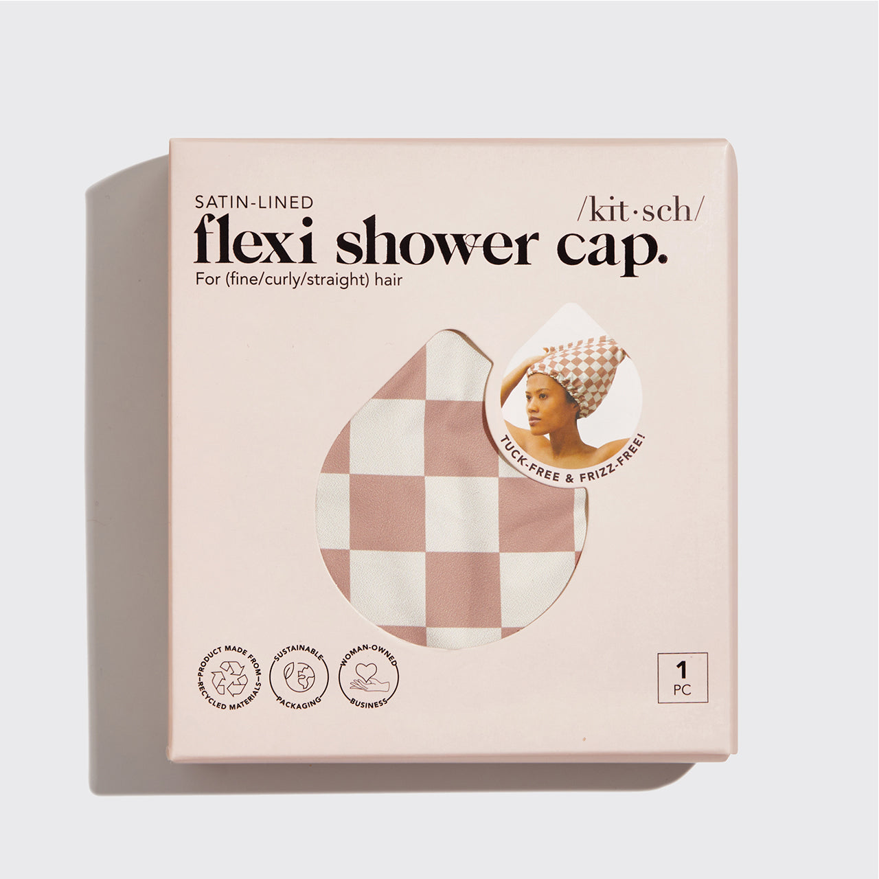 KITSCH Satin Lined Flexi Shower Cap — Terracotta Checker — retail packaging