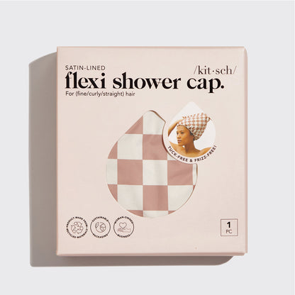 KITSCH Satin Lined Flexi Shower Cap — Terracotta Checker — retail packaging