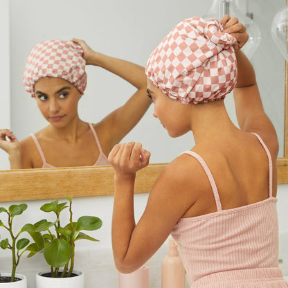 Terracotta Checker Satin Shower Cap, KITSCH
