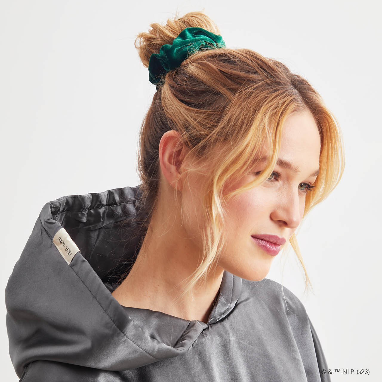 KITSCH Kitsch x elf Scrunchies 2pc Set — model wearing e.l.f. x KITSCH satin scrunchie — limited-edition collab design, silky satin won't snag or pull hair