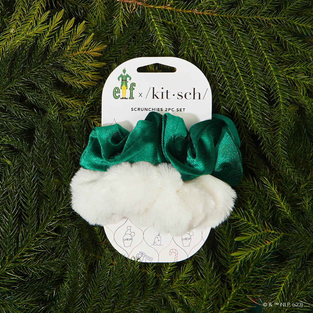 KITSCH Kitsch x elf Scrunchies 2pc Set — product shot of elf x KITSCH collab satin scrunchie pair — limited-edition design, gentle on strands