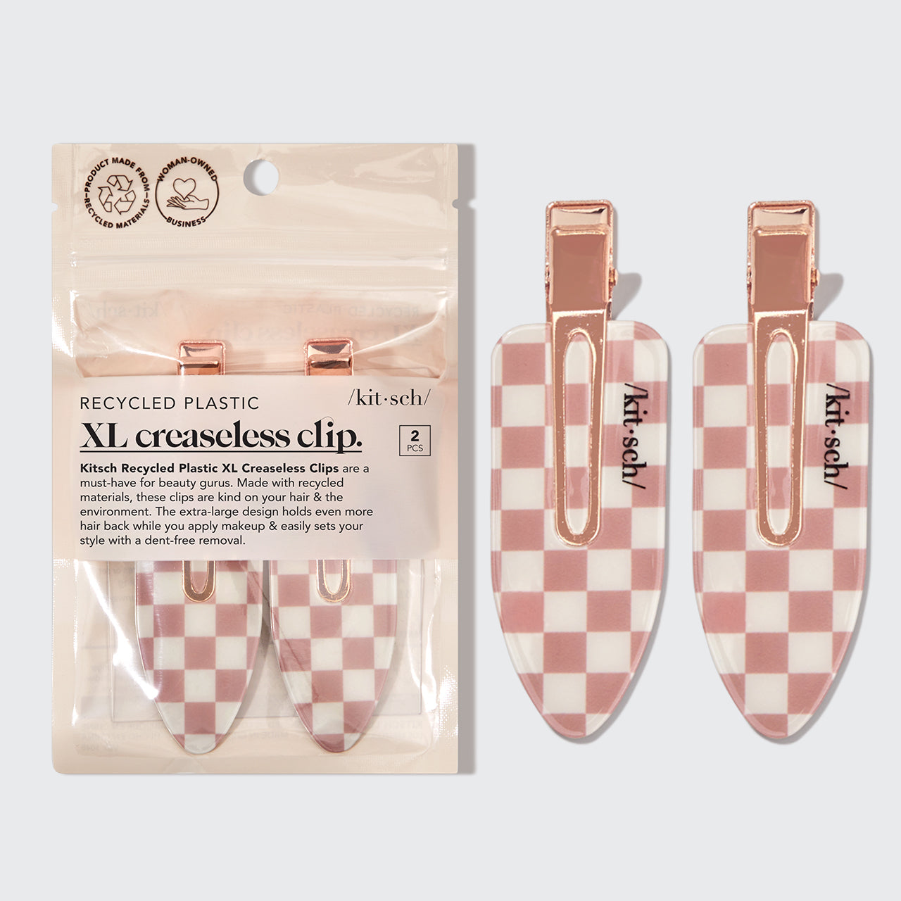 KITSCH XL Creaseless Hair Clips 2pc Terracotta Checker — Hero