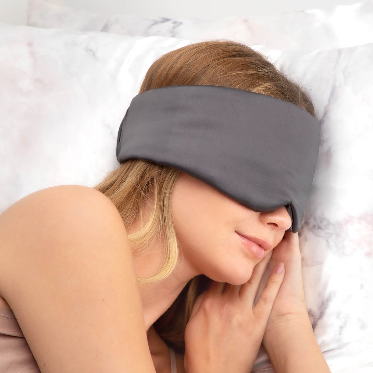 Side profile of Charcoal Satin Pillow Eye Mask showing cushioned depth and contour