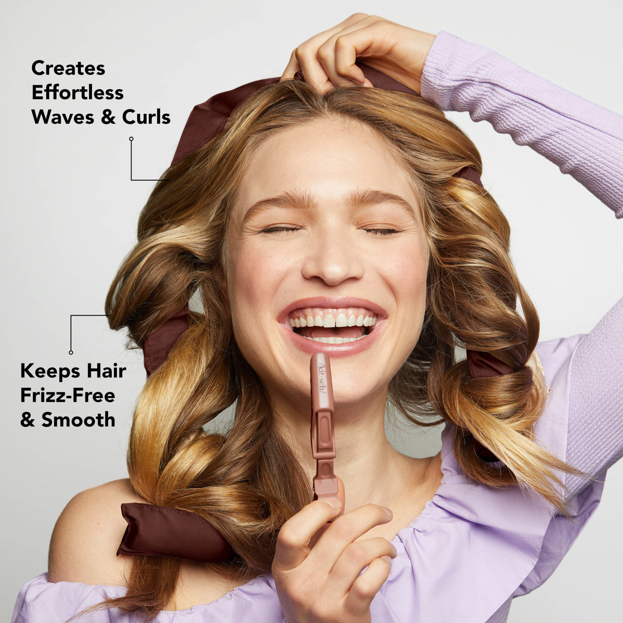 Illustration showing how to wrap hair around the Chocolate XL Satin Heatless Curling Set curling rod for creating waves and curls.