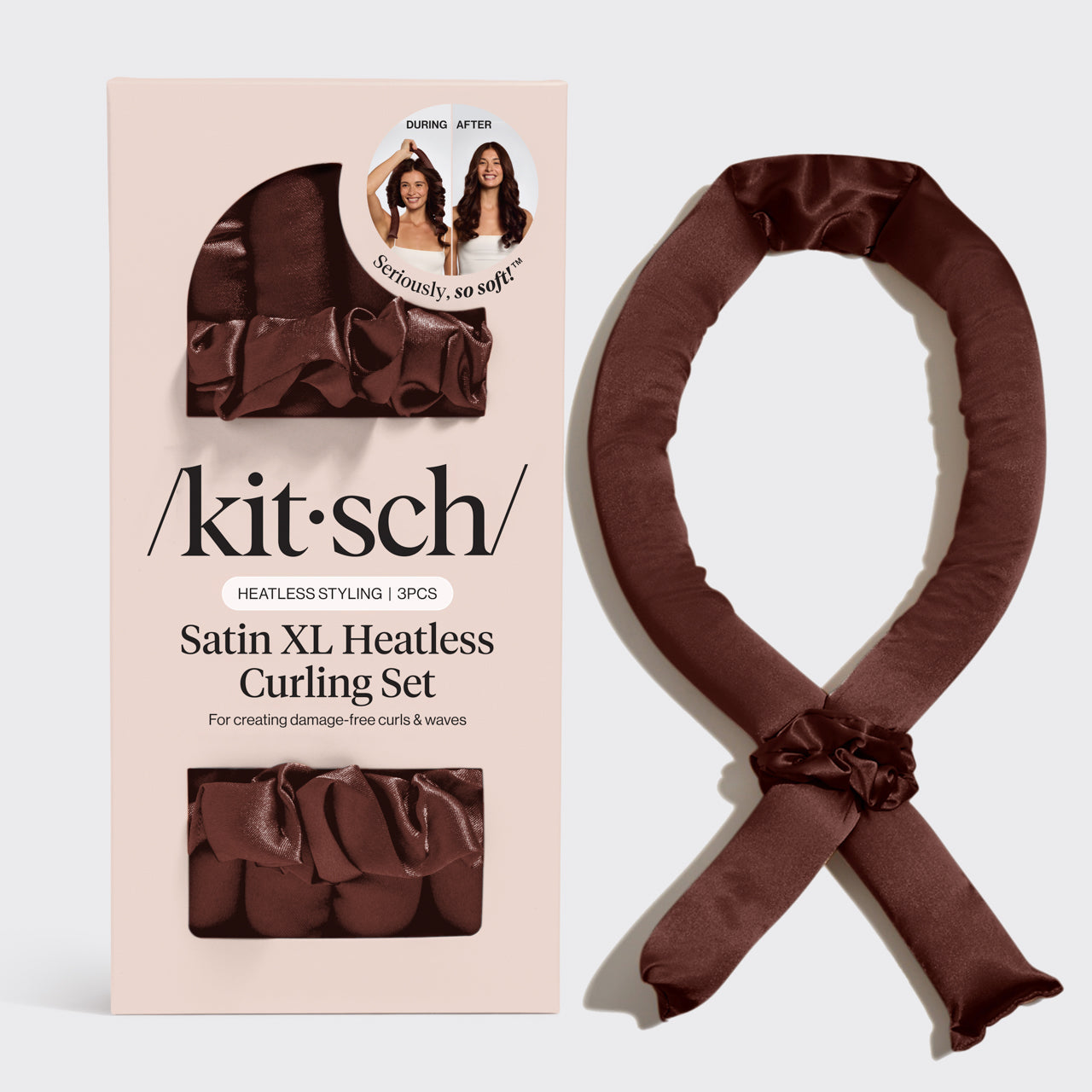 Chocolate XL Satin Heatless Curling Set with satin curling rod and scrunchies displayed beside Kitsch packaging on a clean background.