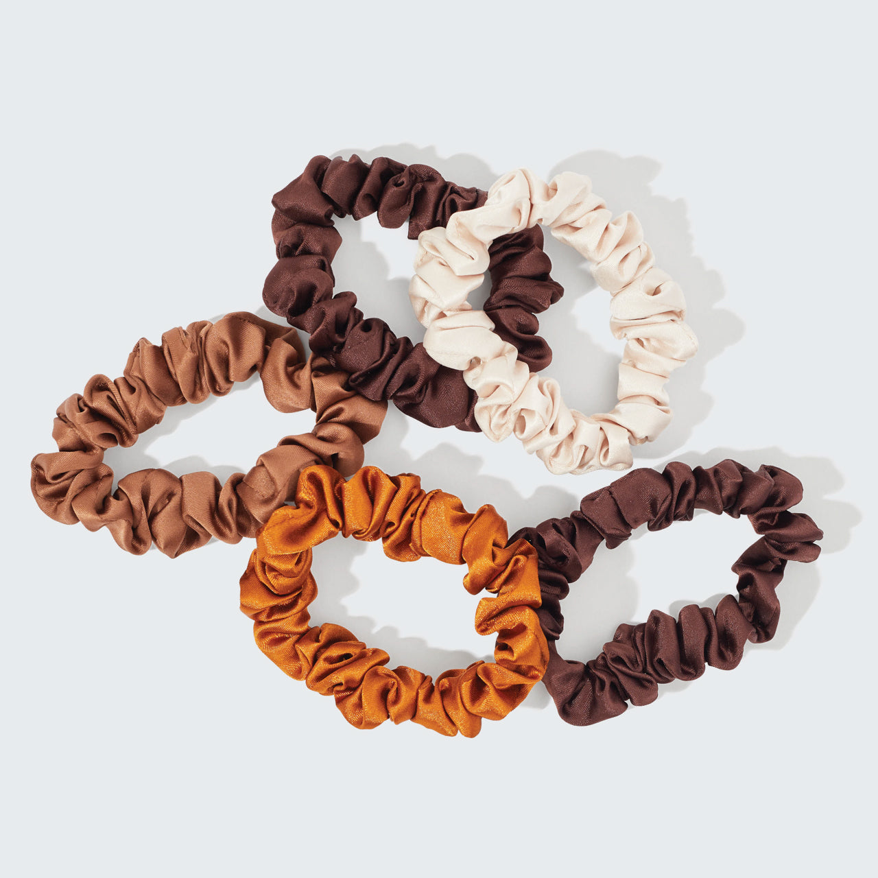 KITSCH Sedona Satin Petite Scrunchies 5pc Set — product flat lay showing all 5 Sedona petite satin scrunchies — eco-friendly satin in warm earth tones