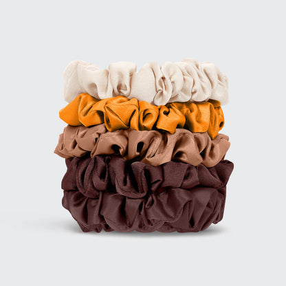 KITSCH Sedona Satin Petite Scrunchies 5pc Set — 5 Sedona satin petite scrunchies stacked to show color palette — terracotta, rust, brown, and warm neutral tones