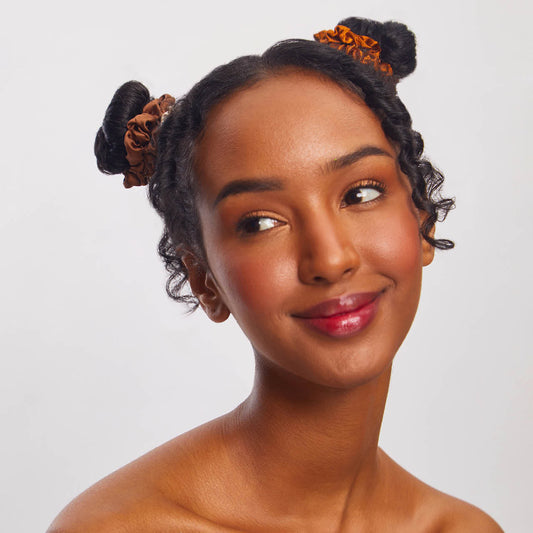 KITSCH Sedona Satin Petite Scrunchies 5pc Set — model wearing Sedona petite satin scrunchie — mini satin scrunchies in warm earthy Sedona tones — gentle on hair, no creasing