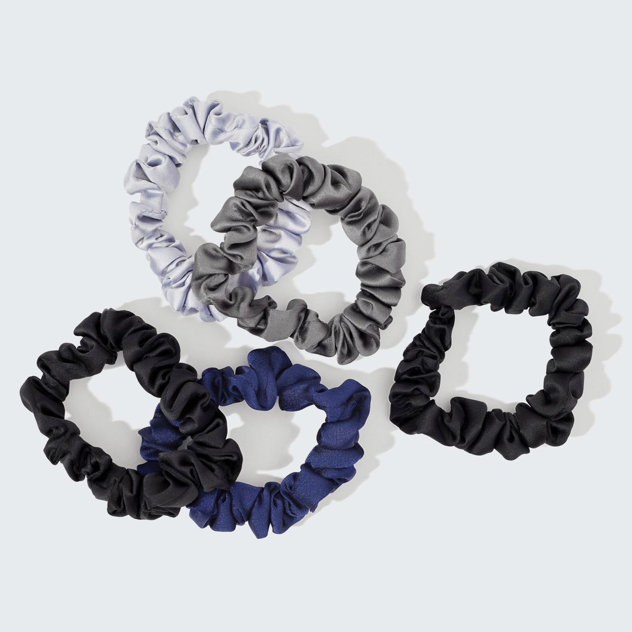 KITSCH Midnight Satin Petite Scrunchies 5pc Set — product flat lay showing all 5 midnight petite satin scrunchies — eco-friendly satin in rich dark tones
