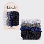 KITSCH Midnight Satin Petite Scrunchies 5pc Set — hero product shot — 5 mini satin scrunchies in deep midnight tones — navy, black, and deep purple for snag-free everyday hold