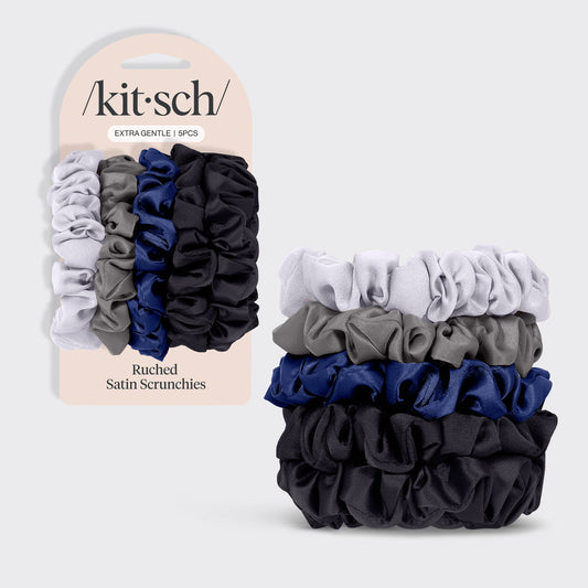 KITSCH Midnight Satin Petite Scrunchies 5pc Set — hero product shot — 5 mini satin scrunchies in deep midnight tones — navy, black, and deep purple for snag-free everyday hold