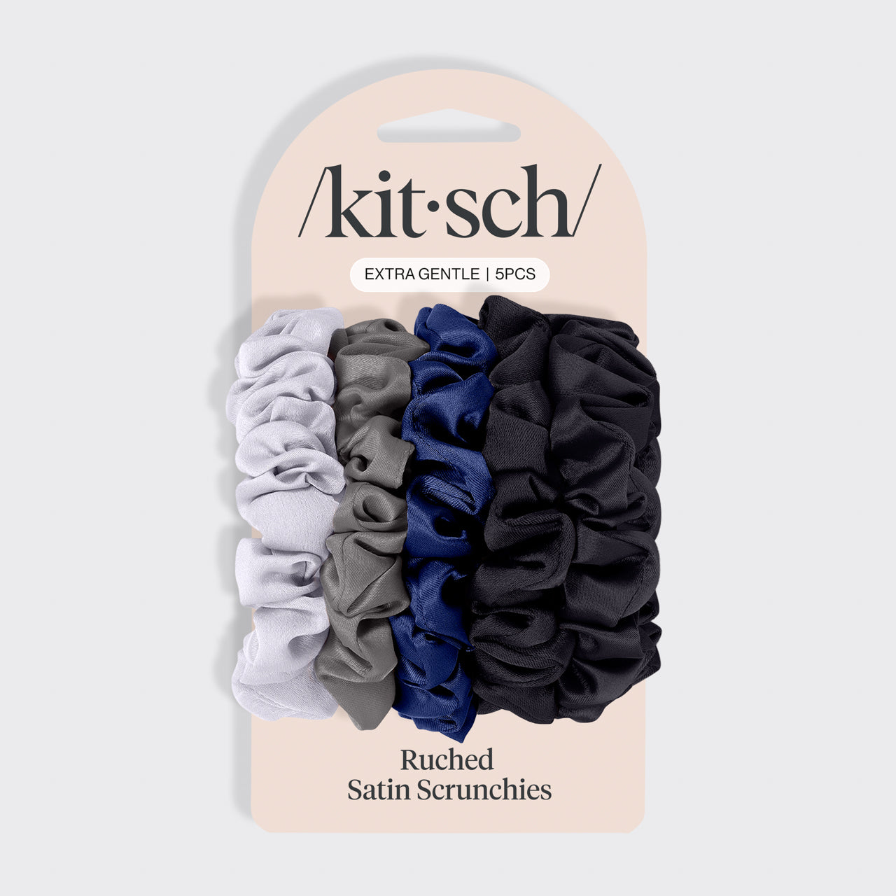 KITSCH Midnight Satin Petite Scrunchies 5pc Set — product on branded packaging card — 5-piece mini satin scrunchie set in midnight deep-tone palette