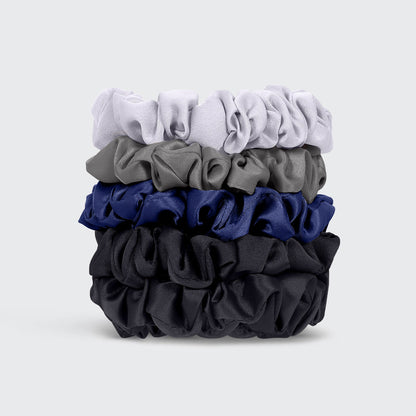KITSCH Midnight Satin Petite Scrunchies 5pc Set — 5 midnight satin petite scrunchies stacked to show color palette — deep navy, black, and midnight blue tones