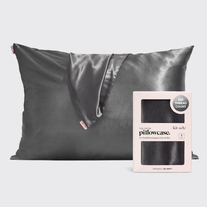 KITSCH Charcoal Standard Satin Pillowcase — hero shot — smooth charcoal satin fabric