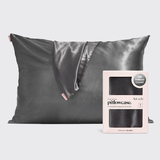 KITSCH Charcoal Standard Satin Pillowcase — hero shot — smooth charcoal satin fabric