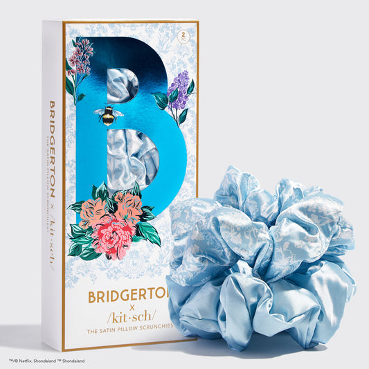 KITSCH Kitsch x Bridgerton Satin Pillow Scrunchies in Toile De Blue — hero product shot — pillow-soft satin gentle enough to sleep in — silky construction won't crimp or damage hair overnight
