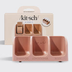 KITSCH Terracotta Self-Draining Soap Dish — product hero shot with retail box on light background — 3-compartment terracotta soap dish labeled Shampoo, Conditioner, Body — Made from Recycled Plastic — FREE with Strengthening Rice Water Trio & Terracotta Soap Dish Bundle — Keeps your bars dry & goop-free