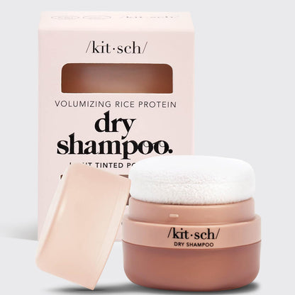 KITSCH Light Volumizing Rice Protein Dry Shampoo with Puff — hero product shot — Eco-friendly powder formula enriched with rice protein, niacinamide & ashwagandha — effortlessly blends into light-to-medium hair colors—no white cast here