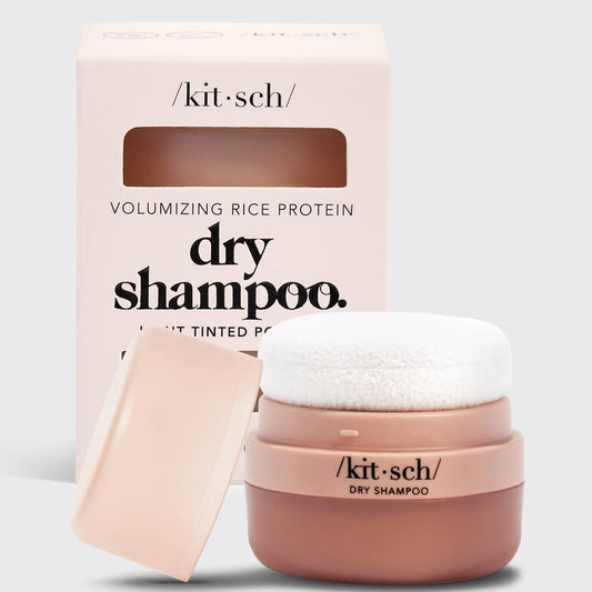 KITSCH Light Volumizing Rice Protein Dry Shampoo with Puff — hero product shot — Eco-friendly powder formula enriched with rice protein, niacinamide & ashwagandha — effortlessly blends into light-to-medium hair colors—no white cast here