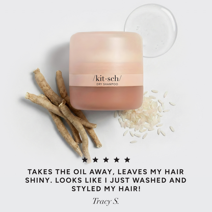 KITSCH Light Volumizing Rice Protein Dry Shampoo with Puff — 5-star customer review graphic — Eco-friendly powder formula enriched with rice protein, niacinamide & ashwagandha — extends your hairstyle with instant volume and quick oil absorption