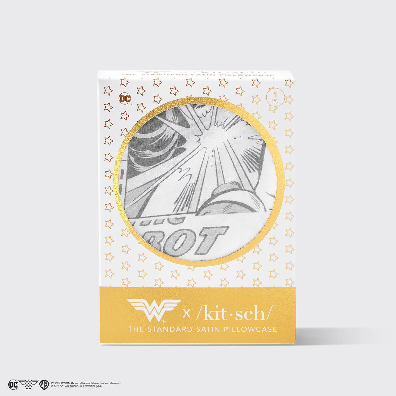Kitsch x Wonder Woman Comic Print Standard Satin Pillowcase — packaging