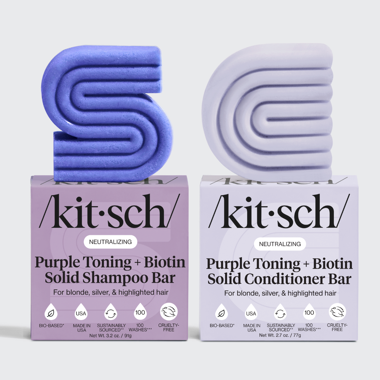 KITSCH Purple Toning + Biotin Solid Shampoo Bar 3.2oz & Conditioner Bar 2.7oz Combo — both bars labeled NEUTRALIZING, For blonde, silver, & highlighted hair — icons: Bio-Based, Made in USA, Sustainably Sourced, 100 Washes, Cruelty-Free — bottle-free solid bar set for color-treated and grey hair