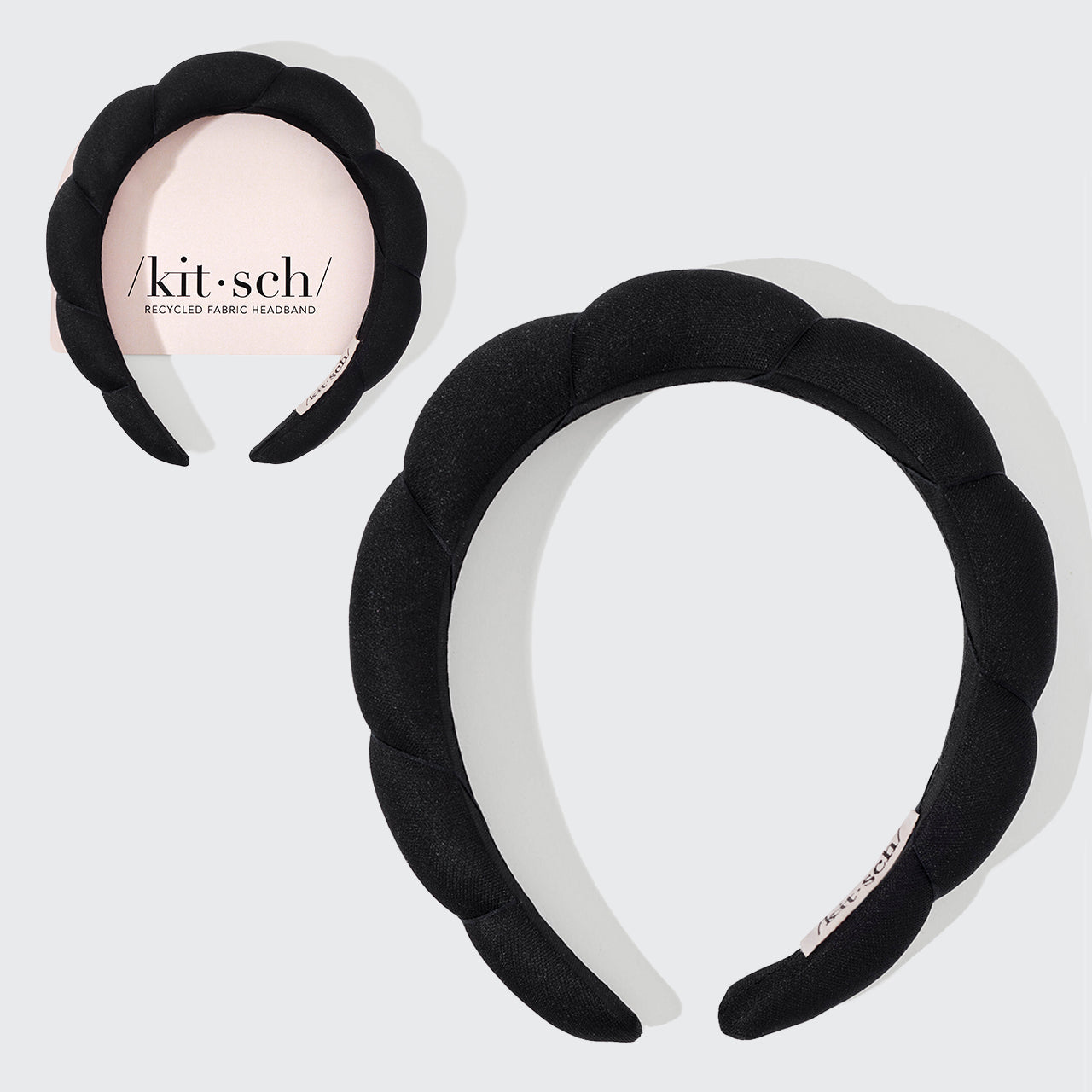 KITSCH Black Cloud Headband — packaging shot of black puffy cloud headband — super soft recycled fabric, style it two ways as a getting-ready or going-out accessory