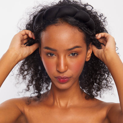 KITSCH Black Cloud Headband — model showing two ways to style the black cloud headband — soft recycled fabric, eco-friendly, cruelty-free
