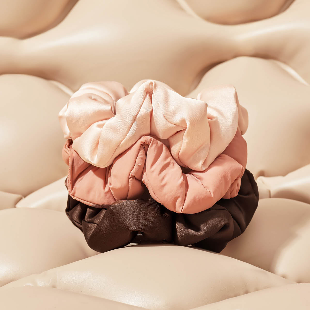 KITSCH Rosewood Cloud Scrunchies 3pc Set — close-up product detail — soft cloud texture in layered rosewood and blush tones — eco-friendly recycled fabric scrunchies