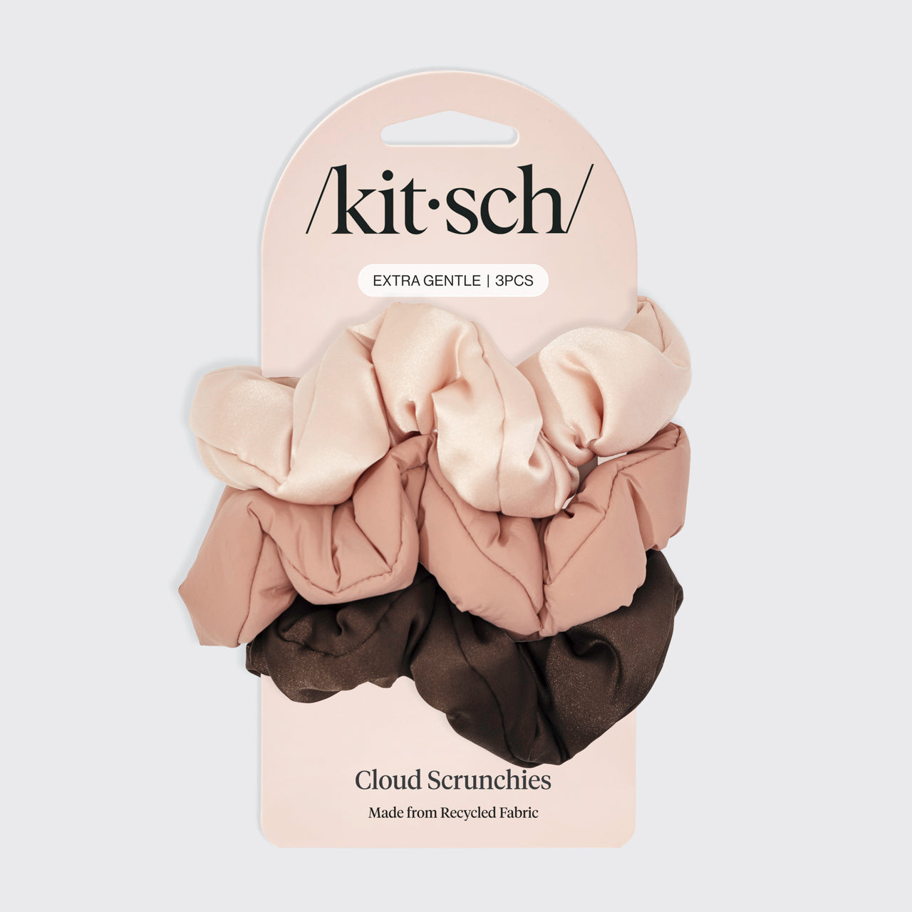 KITSCH Rosewood Cloud Scrunchies 3pc Set — product on branded packaging card — 3-piece cloud scrunchie set in rosewood tones — gentle hold, made from recycled materials