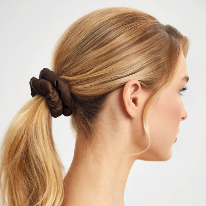 KITSCH Rosewood Cloud Scrunchies 3pc Set — model styling hair with rosewood cloud scrunchies — super-soft cloud scrunchies in rosewood, blush, and mauve tones