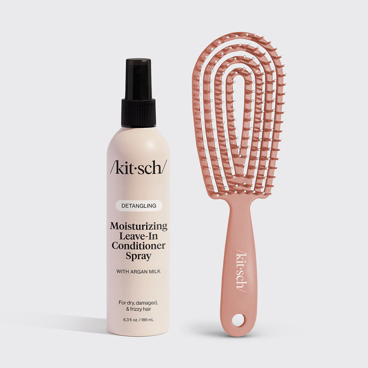 KITSCH Terracotta Detangling Bundle — hero product flat lay — Argan Milk Leave-In Conditioner Spray + Terracotta Detangling Flexi Brush — reduces breakage and detangles wet and dry hair