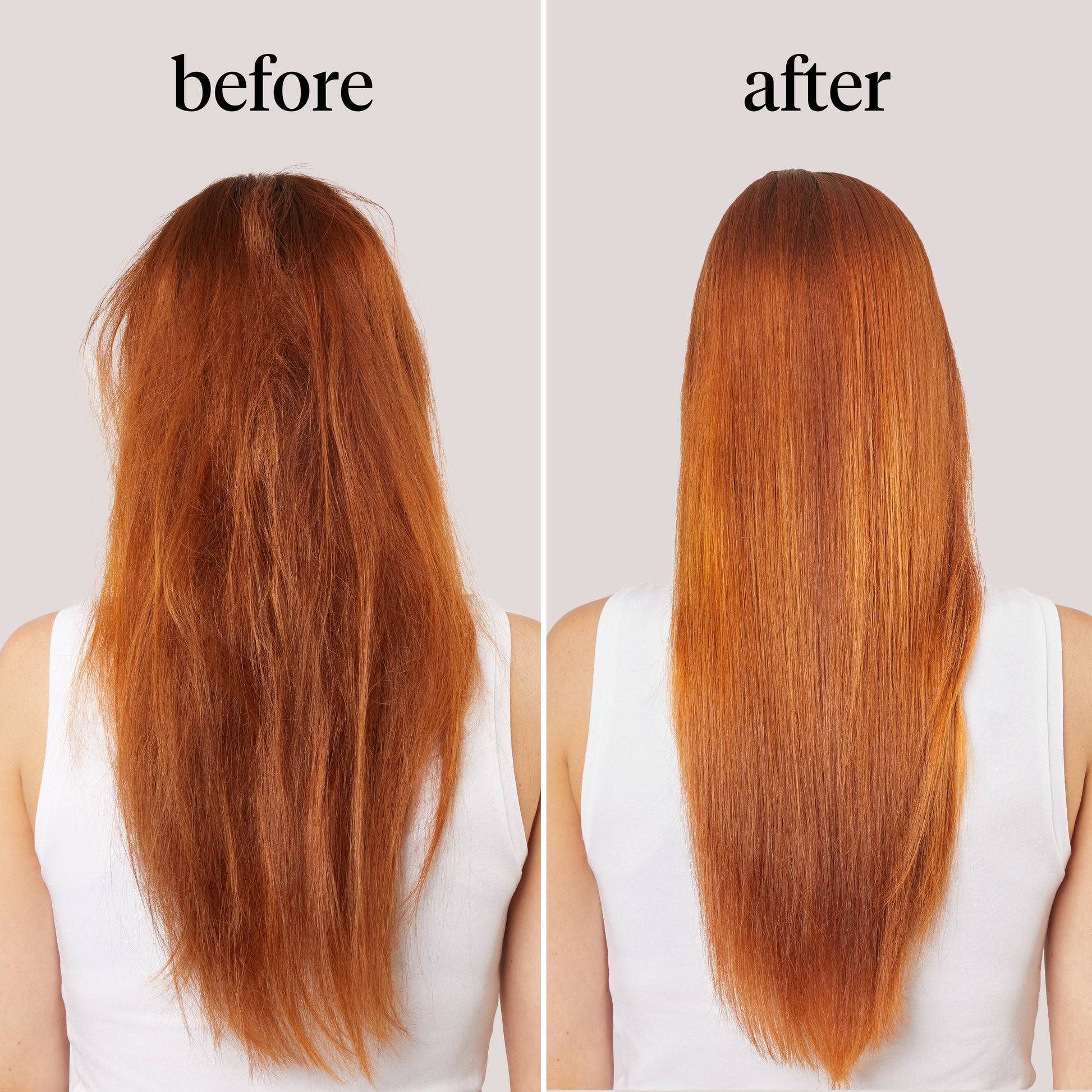 KITSCH Moisturizing Argan Milk Leave-In Conditioner — before and after back view, auburn hair — Gently detangles wet & dry hair for softer, smoother, stronger strands — infused with plant-based Actimilk™Argan to enhance hair softness by 35% after one hour