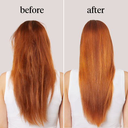 KITSCH Moisturizing Argan Milk Leave-In Conditioner — before and after back view, auburn hair — Gently detangles wet & dry hair for softer, smoother, stronger strands — infused with plant-based Actimilk™Argan to enhance hair softness by 35% after one hour