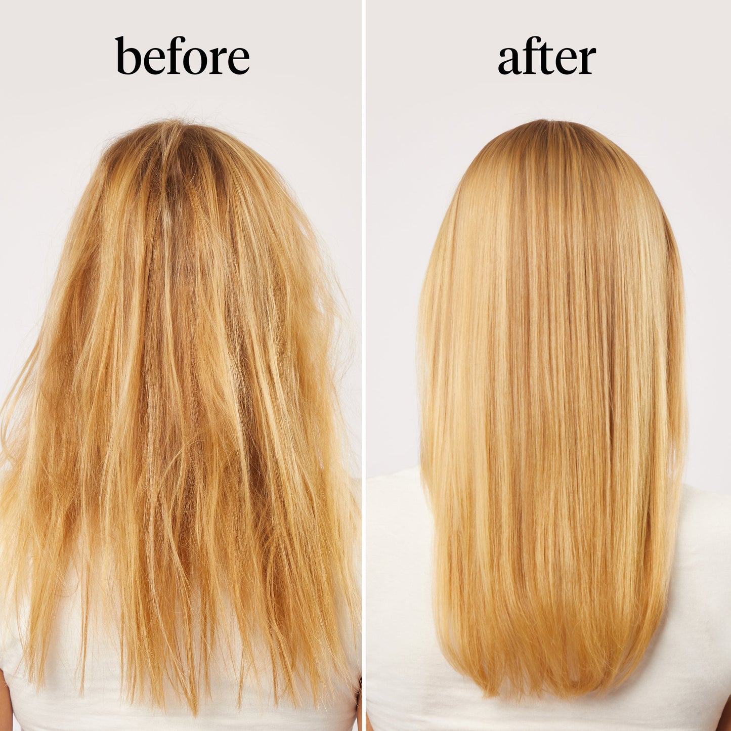 KITSCH Moisturizing Argan Milk Leave-In Conditioner — before and after back view, blonde hair — Gently detangles wet & dry hair for softer, smoother, stronger strands — revives second-day hair with murumuru seed butter for renewed softness & weightless shine